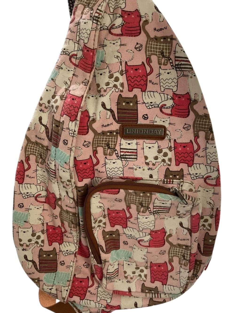 UNIONBAY Cat Print Sling Backpack in Pink, Brown, and Mint - Picture 2 of 12